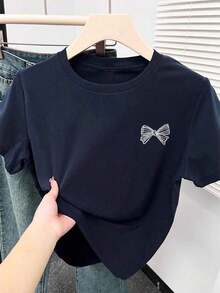 Women's Casual Short Sleeve T-Shirt With Round Neck And Bow Print, Summer - Black - View 8