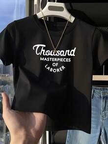 White Regular-Shoulder Short Sleeve Casual T-Shirt For Women, Letter Print, Fitted, Cropped, Suitable For Petite, Summer Black - Black - View 1