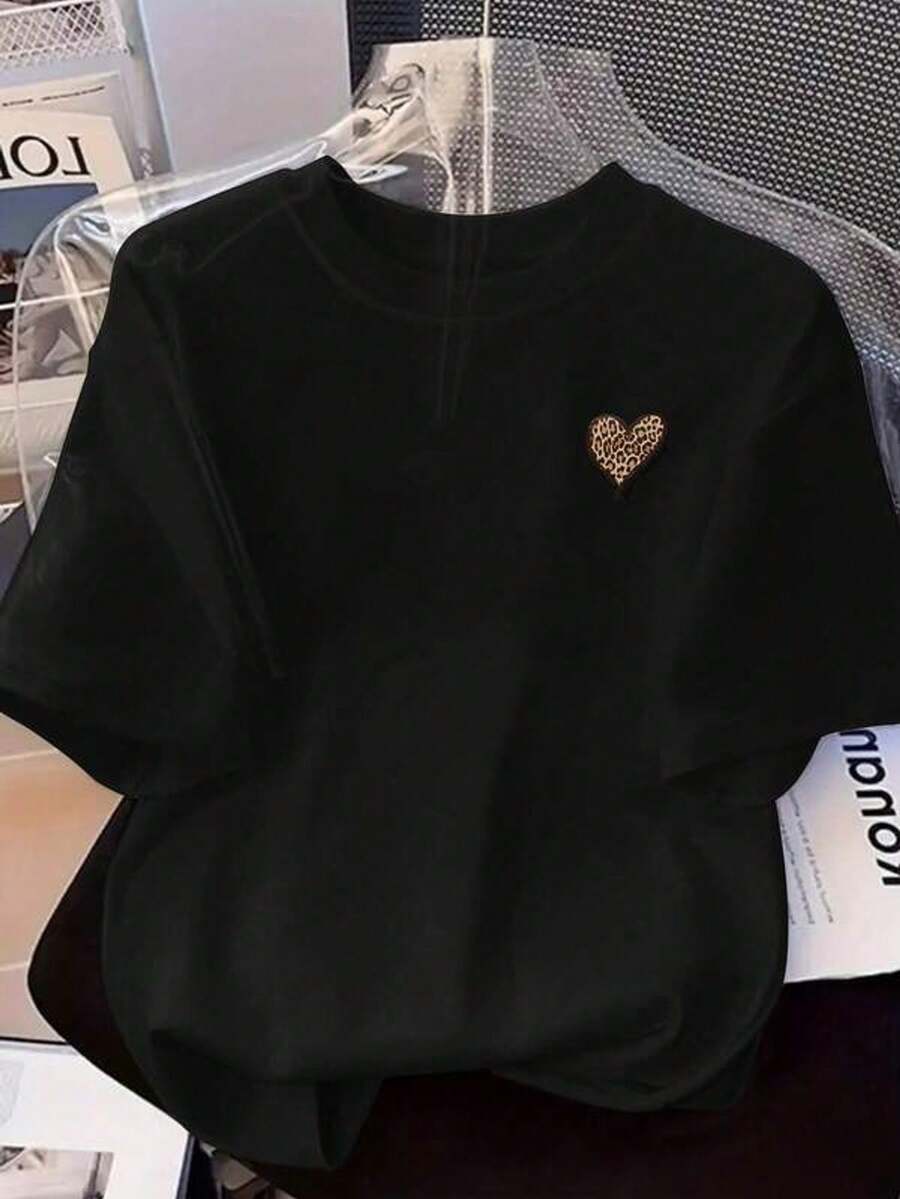 Short-Sleeved T-Shirt With Round Neck And Fashionable Print, Casual Short-Sleeved Top For Spring And Summer, Women's Clothing. - 黑色 - 查看 1