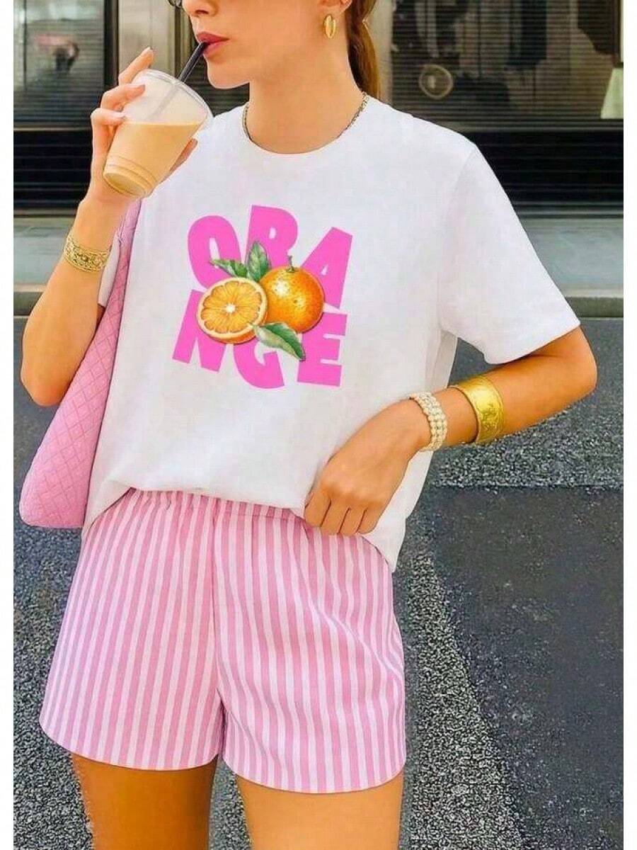 A Short-Sleeved T-Shirt With A Retro American Style, Loose Fit, Print (The Pants Are Just Style Suggestions), Thick Multicolored T-Shirt, 100% Cotton Material, Modern Print, Suitable For Both Men And Women, New Spring/Summer/Autumn Style, Breathable And Comfortable, Simple And Versatile, The Stylish Unisex Tropical Print T-Shirt Is Very Suitable For Holidays, Halloween And Mexican Independence Day Parties. - 白色 - 查看 1