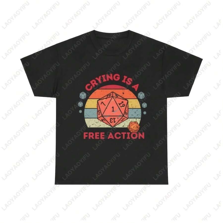 Retro T-Shirt "Crying Is A Free Action D20", Fun Graphic Print T-Shirt Featuring RPG Board Games , Unisex T-Shirt - membentuk - View 1