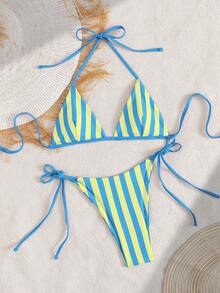 PEPPERMOLLY Set bikini de damă clasic cu dungi, bretele subțiri tip spaghete și top triunghi, costum de baie din două piese cu șnur reglabil pe lateral, elegant, pentru plajă, vacanță de vară - Albastru și galben - Vizualizare 4