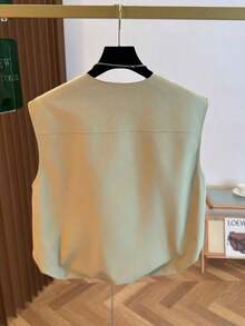 Chaleco corto sin mangas para mujer, con dobladillo de burbuja de unicolor fresco de otoño, cuello redondo con cremallera, de moda y versátil, ajustado negro de verano - Verde - Ver 2
