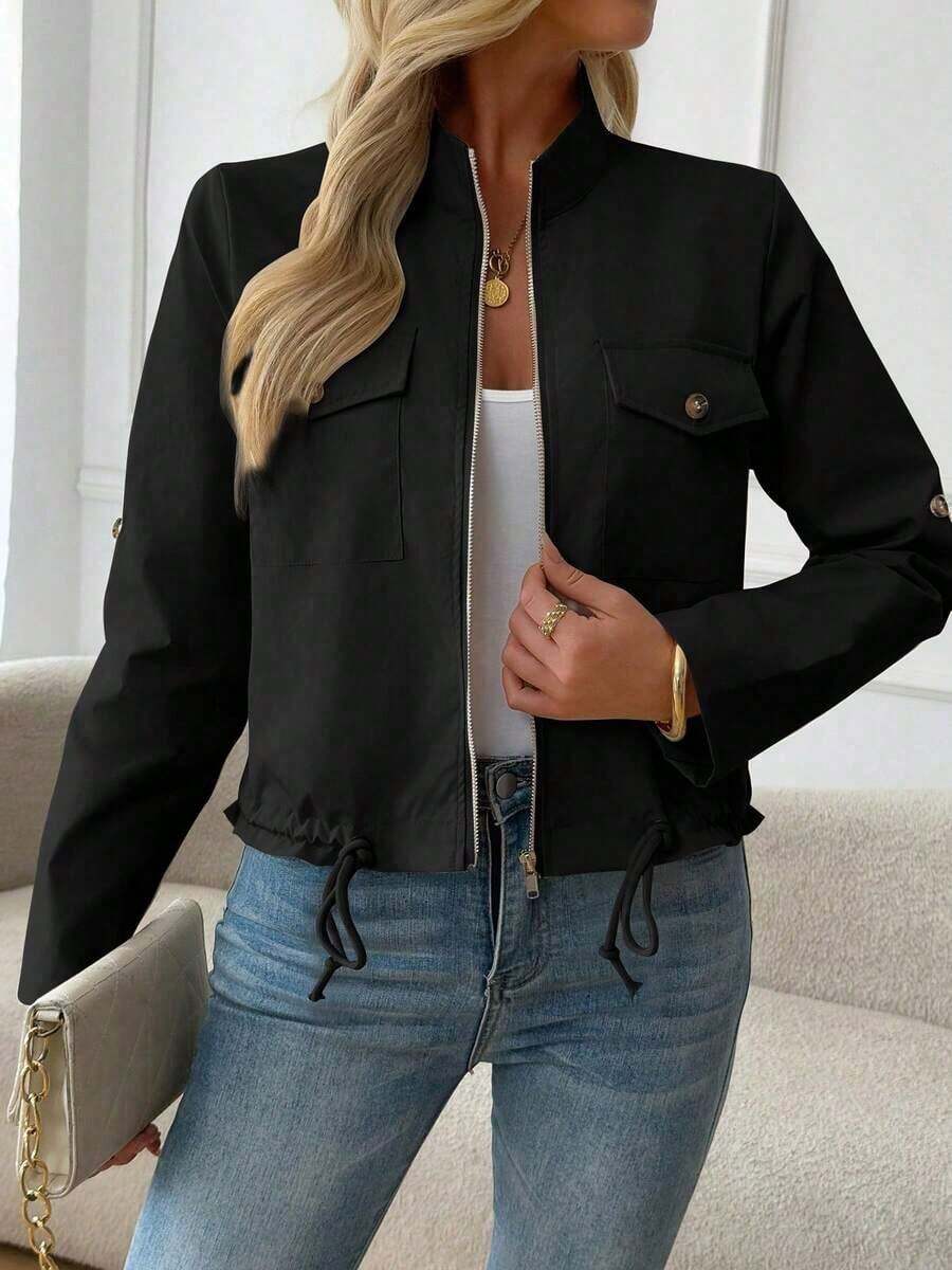 Chaqueta bomber ligera para mujer con cuello alto - Chaqueta de vuelo con cremallera con bolsillos delanteros decorativos y dobladillo ajustable con cordón, una prenda exterior ideal para el estilo casual de calle en primavera y otoño.Rojo - Negro - Ver 1