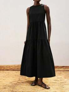 Vestido casual de vacaciones con diseño de volantes escalonados en verde jade, vestido cómodo con cuello redondo, división horizontal, parches y fruncidos, atuendo bohemio de playa, elegante vestido de estilo occidental para vacaciones de muje - Negro - Ver 6