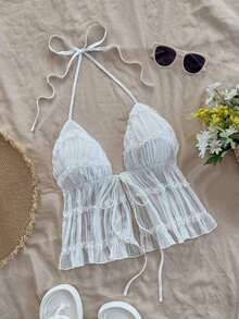 Nuevo top sin espalda con tirantes ajustables y textura, para primavera, verano, Pascua, festivales de música electrónica, estilo occidental para mujer, bohemio, vaquera, modesto, estilo fairy core, vacaciones tropicales, despedida de soltera, - Blanco - Ver 4