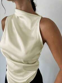 Camisa de satén con cuello plisado, sin mangas, elegante y sencilla, con dobladillo entallado, para oficina, en color beige - Beis - Ver 3