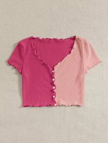 Camiseta casual de mujer con botones, mangas cortas y volantes de color contrastante - Rosa Fucsia - Ver 3