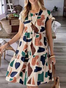 Vestido de mujer de manga corta con cuello redondo y estampado geométrico de verano - Multicolor 2 - Ver 3
