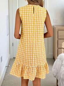 Vestido de verano estilo bohemio con cuello redondo sin mangas y corte evasé a dos colores a cuadros, vestido esencial para vacaciones y uso diario al aire libre - Multicolor - Ver 3