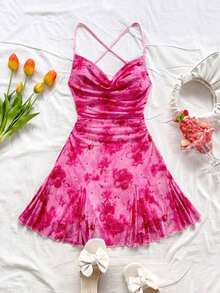 Vestido mini de mujer para vacaciones con tirantes finos, escote pronunciado, espalda descubierta, lazo, bajo estilo sirena, estilo romántico, vestido mini para pausas de té, caminatas al aire libre, citas, atuendo de playa, malla, joven y feme - Multicolor - Ver 8