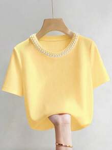 Camiseta de manga corta con cuello redondo ajustado, con cuentas y acanalada, elegante para mujeres - Amarillo - Ver 3