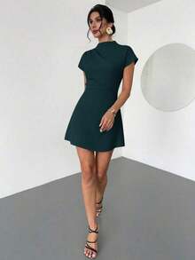 Vestido mini de línea A con fruncido de unicolor, adecuado para el uso diario en verano - Azul marino - Ver 7