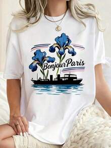 1 Piece Women's Paris Print Blouse - Short Sleeve Round Neck Blouse With Paris Lettering And Iris/Boat Design, Elegant And Casual, Suitable For Parties, Daily Wear, Holiday Wear, 220g High Quality Pure Cotton T-Shirt With Minimalist Print, Soft And Breathable Fabric, Comfortable And Comfortable, Suitable For Daily Wear, Casual Office Attire, Spring And Summer Daily Look, Stylish And Youthful Design - 白色 - 查看 1