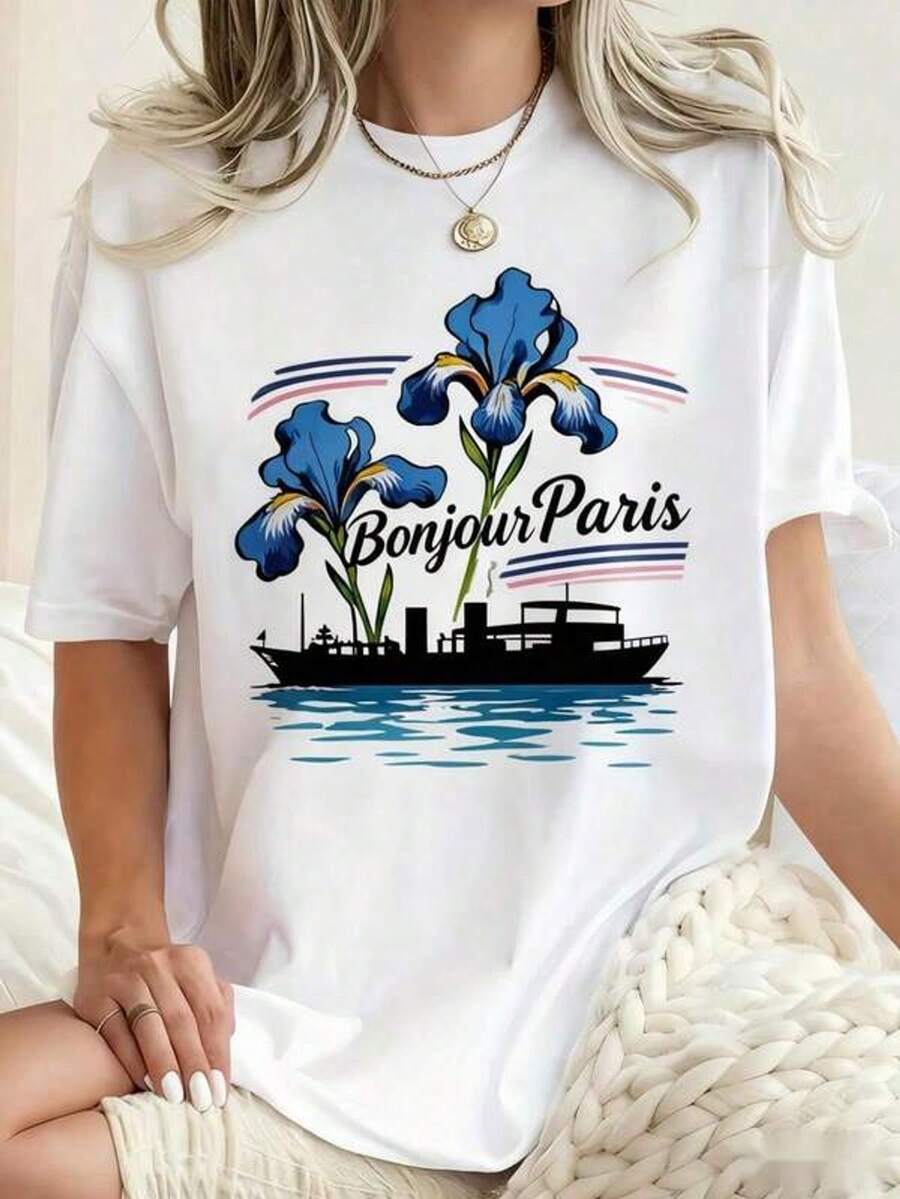 1 Piece Women's Paris Print Blouse - Short Sleeve Round Neck Blouse With Paris Lettering And Iris/Boat Design, Elegant And Casual, Suitable For Parties, Daily Wear, Holiday Wear, 220g High Quality Pure Cotton T-Shirt With Minimalist Print, Soft And Breathable Fabric, Comfortable And Comfortable, Suitable For Daily Wear, Casual Office Attire, Spring And Summer Daily Look, Stylish And Youthful Design - 白色 - 查看 1