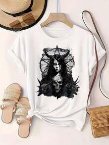Women's Casual Short Sleeve T-Shirt - Gothic Black And White Skull And Pentagram Design, Crew Neck, Summer Top, Machine Washable, Ladies' T-Shirts, Casual Wear, Modern Style, Comfortable Fit

-White - 白色 - 查看 2