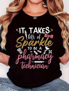 Elegante Camiseta Diaria para Mujer con Diseño Vintage de Técnico de Farmacia - Ropa de trabajo con humor farmacéutico y el eslogan "Ser técnico de farmacia requiere mucho brillo" - Diseño temático y símbolos farmacéuticos, adecuada para técnicos de farmacia y farmacéuticos, corte casual y cómodo, camiseta de moda chic. - Negro - Ver 6