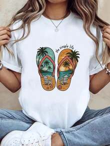 Plus Size Modern Minimalist Short-Sleeve T-Shirt - Plus Size Beach Vacation Outfit Tee Featuring Palm Tree Illustrations, Beach Chairs And Flip-Flops, And A 'The Easy Life' Print. This White Short-Sleeve Crew Neck Tee Is Machine Washable And Has A Casual Style. - 白色的 - 查看 6