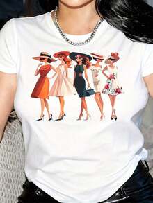 Women's  Summer T-Shirt With A Stylish Print - Casual Crew Neck, Short Sleeves, Comfortable For All Seasons, Perfect For Parties, Weddings, And Special Occasions. Versatile Clothing With A Stylish Print And Comfortable Fit. Women's Short-Sleeve T-Shirt, A Basic Style For Indoor And Outdoor Wear. - 白色 - 查看 6