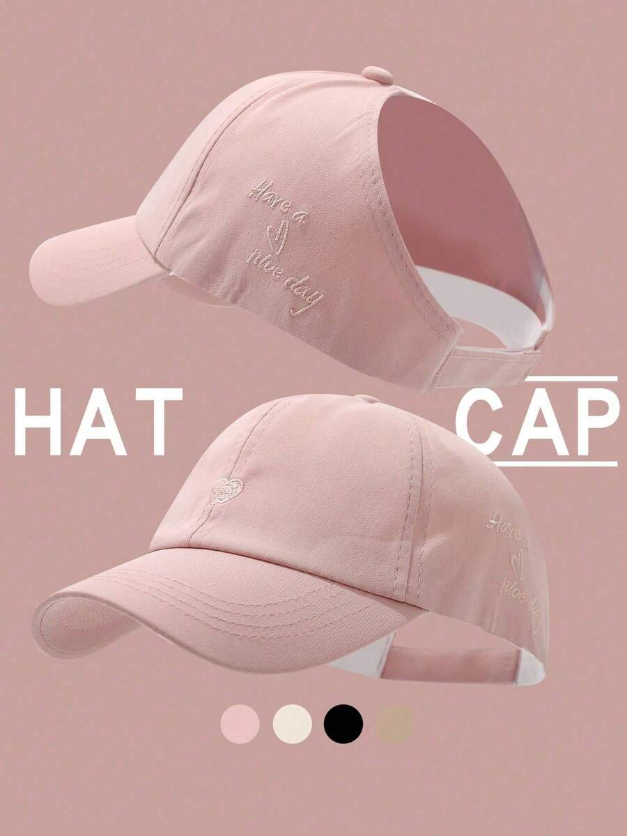 1pc Women's Heart Embroidery Ponytail Hole High Crown Baseball Cap, Fashionable And Stylish, Multifunctional Face-Shielding Bucket Hat, Wide Brim Sun Protection, Suitable For Spring, Summer, Autumn And Winter, Suitable For Outdoor Sports, Baseball, Golf And Daily Commute - Multicolor - View 1