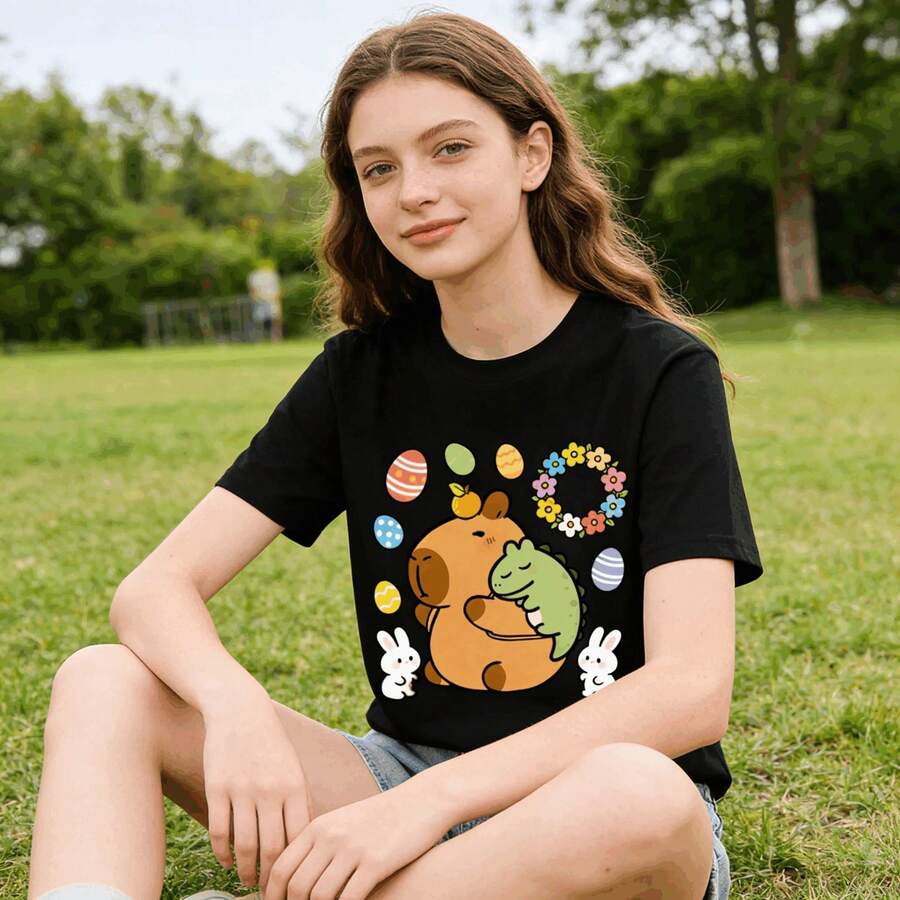 Tops para mujer de algodón de manga corta con cuello redondo para mujer, con estampado de conejito de Pascua y huevos, diseño de dibujos animados, corte regular, para uso diario y a, con tela de elasticidad media. - Negro - Ver 1