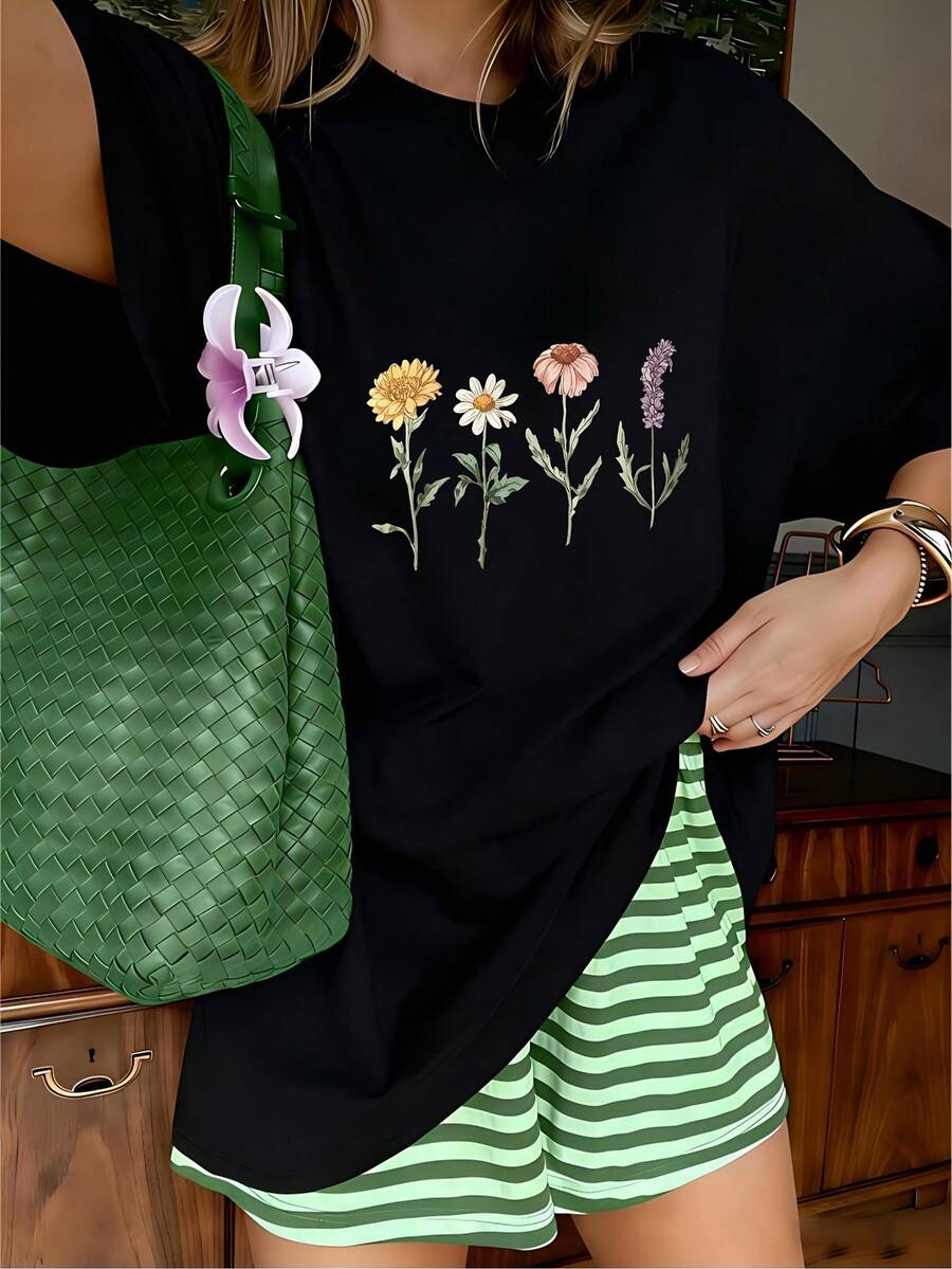 Cottagecore Vintage Wildflower Graphic T-Shirt, 100% Cotton Oversized Soft Breathable Cozy Tee, Casual Crewneck Short Sleeve Top For Summer & Nature Lovers - 黑色 - 查看 1