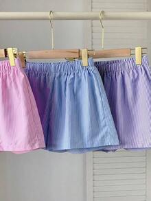 Conjunto de shorts de mujer con estampado de rayas multicolor tejidas - Morado - Ver 3