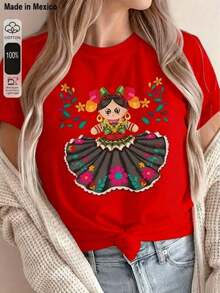 1pscCamiseta Estampada de Estilo Mexicano para Mujeres - Patrones Florales y de Arte Popular Vibrantes, Top de Manga Corta Transpirable con Cuello Redondo, Estilo Casual de Verano de Ajuste Regular, Lavable a Máquina, Tela Medio Elástica100% Cotton - Rojo - Ver 6