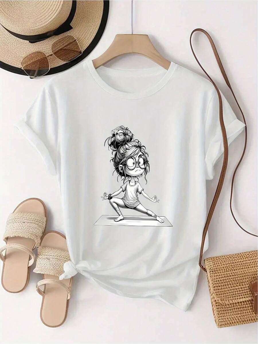 Camiseta deportiva de moda para mujer, de manga corta y cuello redondo, con estampado de letras personalizadas de yoga, cómoda para uso diario. - Blanco - Ver 1