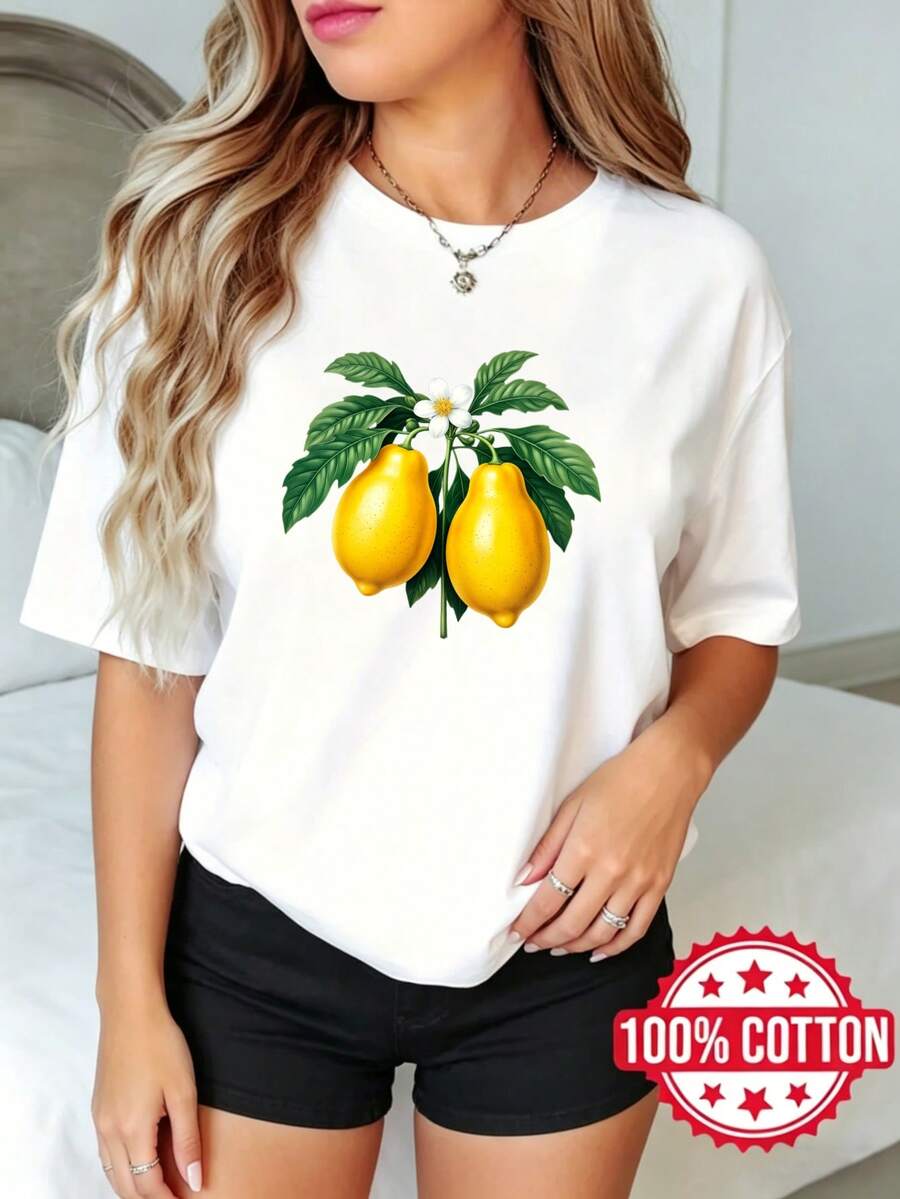Camiseta de manga corta con cuello redondo y estampado, para mujer, de verano Árbol de limón con hojas y flores S-3XL 100% aodón material transpirable