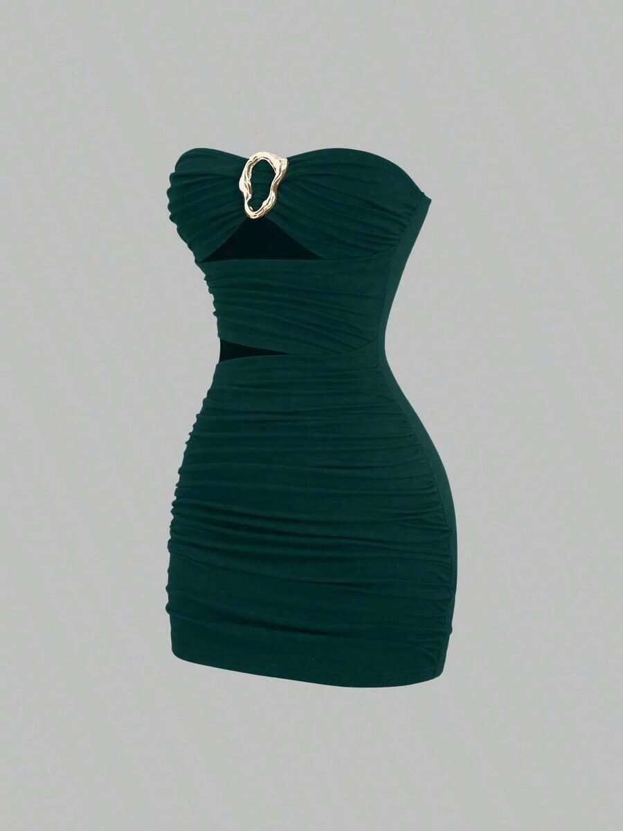 Vestido mini ajustado y sexy sin tirantes con hebilla de metal para mujer - Verde Oscuro - Ver 1