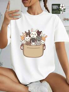 SummerCamiseta de Algodón Suave para Mujer - Diseño con Bolsillo de Conejito y Animal, Estilo Casual Holgado, Adecuada para Fanáticos del Anime y Kawaii, Divertido Estampado de Animales de D - Blanco - Ver 8