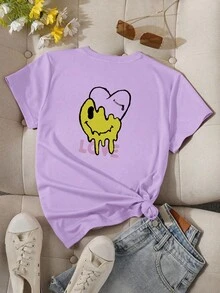 Off-The-Shoulder T-Shirt With Letter And Cartoon Print - Purple - View 1