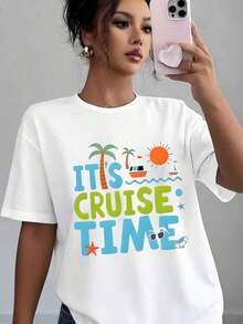 Es hora de paseo en barco con palmeras, sol y estrellas de mar. Camiseta casual para mujer, suave y cómoda, un regalo ideal para vacaciones de verano en la playa. Blusa, camisa > Hermosa. - Blanco - Ver 1