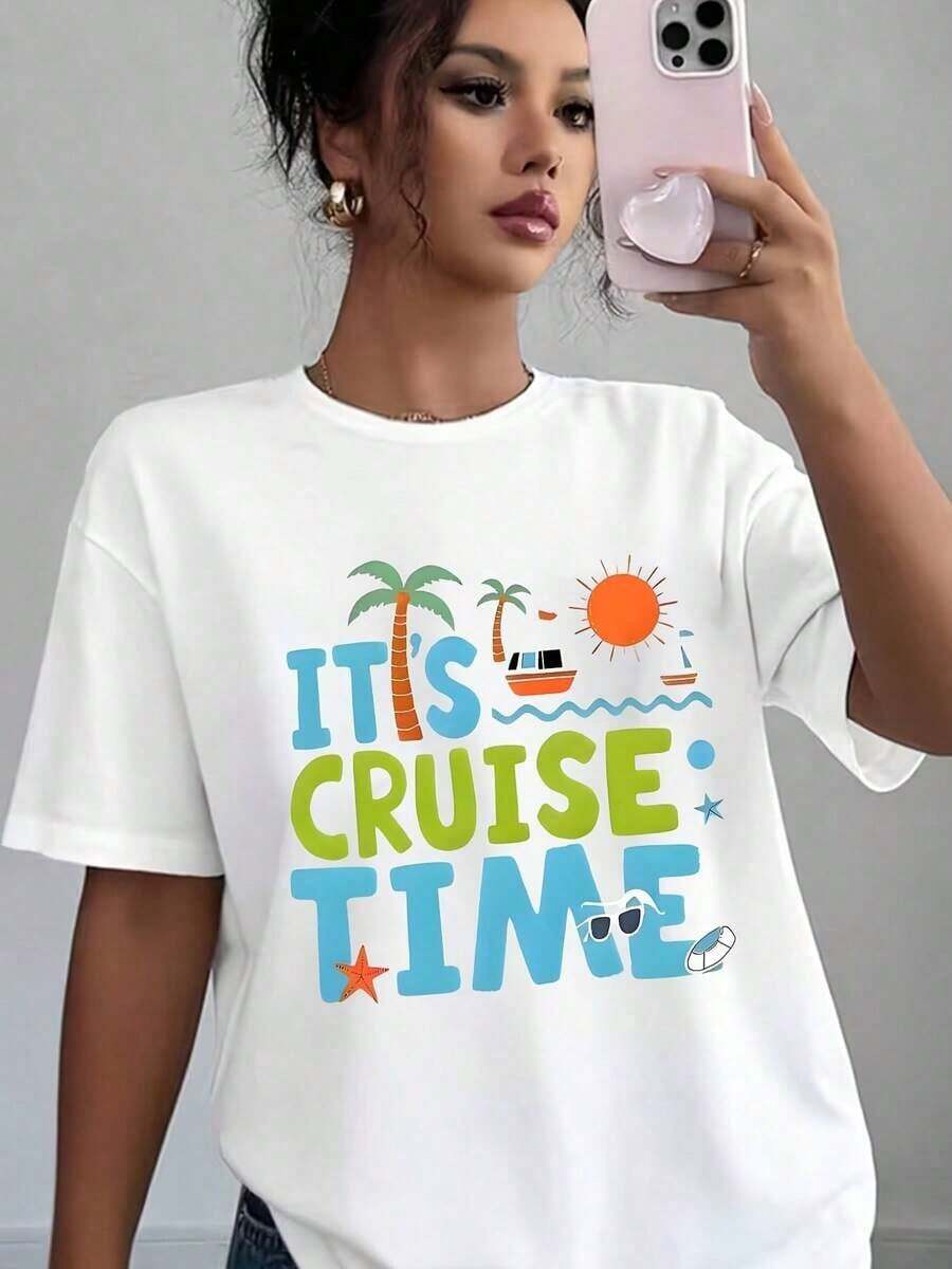 Es hora de paseo en barco con palmeras, sol y estrellas de mar. Camiseta casual para mujer, suave y cómoda, un regalo ideal para vacaciones de verano en la playa. Blusa, camisa > Hermosa. - Blanco - Ver 1
