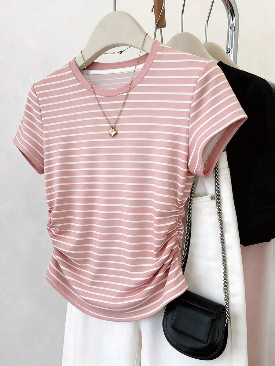 Camiseta casual de mujer con estampado digital a rayas y cordón en la cintura, un gran regalo para amigos - Multicolor - Ver 1
