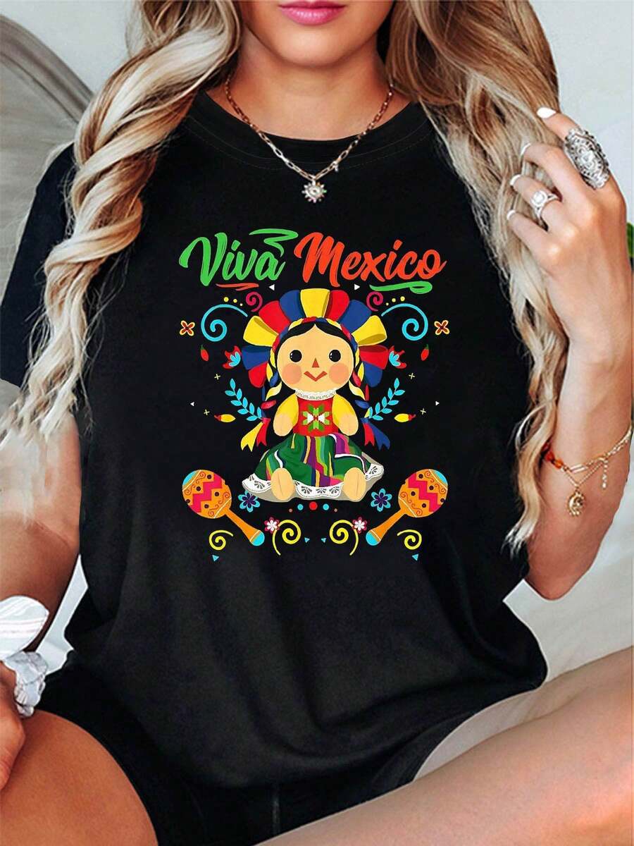 Mexican Independence Day Is Filled With Enthusiasm For Our Country! Viva Mexico! This Women's Short-Sleeve Crew Neck T-Shirt Features Folk-Style Prints, Perfect For Casual Outings And Festive Gifts, Conveying Love And Celebration For Mexico. - 黑色 - 查看 1