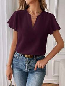 Camisa de mujer de unicolor con escote en V entallado y manga corta, informal y adecuada para el trabajo, blusas de manga corta - Rojo violeta - Ver 5