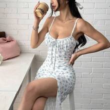 Women's Vacation Ditsy Floral Side Slit Hem Spaghetti Strap Dress,Summer Dresses For Women Baby Blue Dress - Rosa - Ver 2