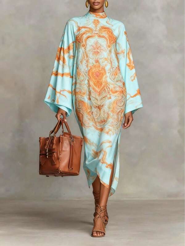 Women's Elegant Kaftan Long Dress, Bohemian Style Stand Collar Dress With Asymmetric Hem Spring
