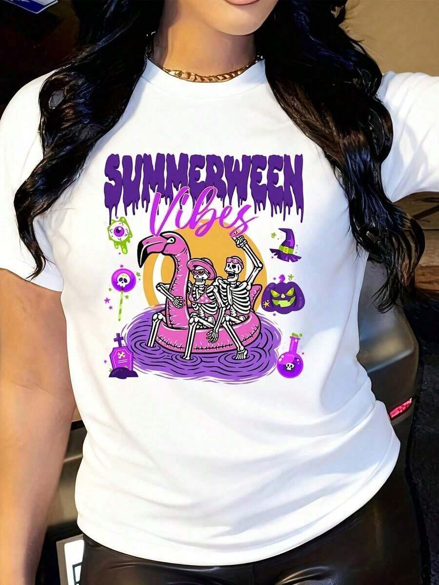 Women's Summerween Shirt, Women's Summerween T-Shirts, Funny Summer Vibes T-Shirt, Beach Vibes T-Shirt, Spooky Halloween Flamingo T-Shirt, Women's T-Shirts - 白色 - 查看 1
