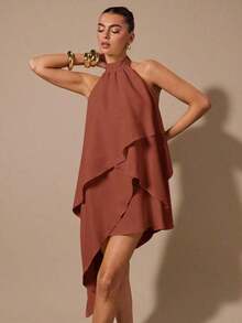 Vestido de satén de línea A con escote halter y espalda descubierta de unicolor amarillo/crema, adecuado para primavera/verano, vacaciones, playa, invitada elegante de boda, fiestas, ocasiones de otoño/invierno, Navidad elegante, Halloween - Marrón - Ver 3