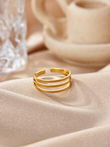 1 pièce Bague minimaliste multicouche ouverte pour femmes, plaqué or 18 carats en acier inoxydable, bague géométrique esthétique, cadeau de bijoux de mariage - Multicolore - Voir 4