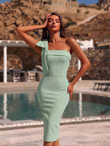 Vestido de cóctel, fiesta, boda y primavera con hombros descubiertos, unicolor, decoración de lazo, espalda con abertura y largo midi - verde claro - Ver 3