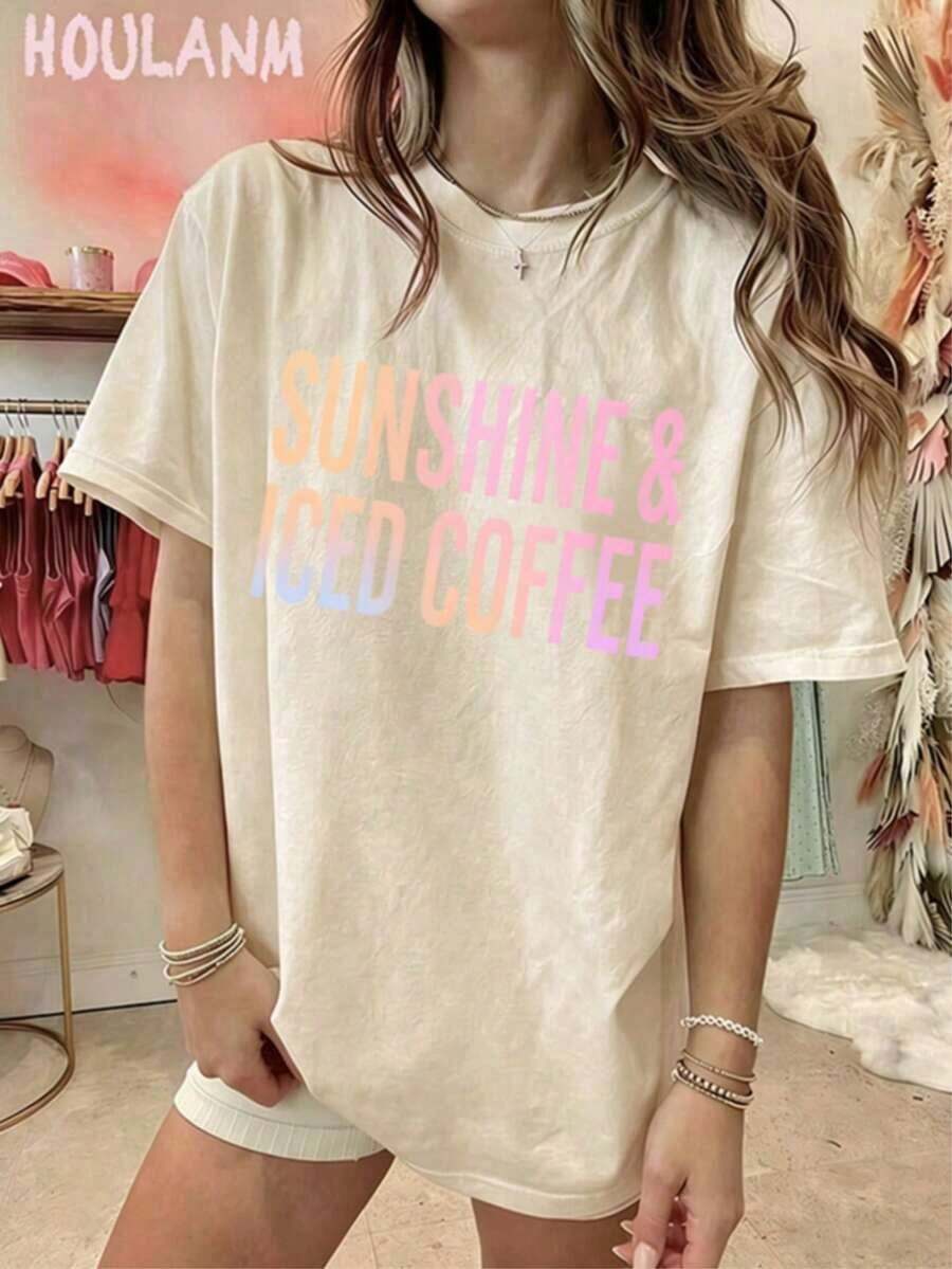 New Arrival 2026: Orange Mug Print T-Shirt "Iced Coffee And Sunshine" | Women's Clothing, Loose Fit, Summer Tops, Spring Style, Cozy Aesthetic T-Shirt, Soft And Breathable Fabric, Fashionable 100% Cotton, Women's Everyday Graphic Print T-Shirt - 自然色 1 - 查看 1