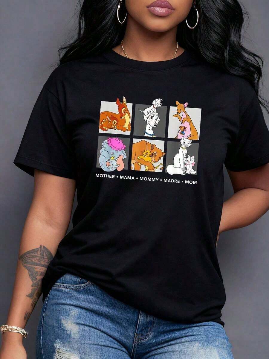 Artistic Representation Of A Mother Animal Embracing Her Young, Symbolizing Tenderness, Protection, And Unconditional Love. A Modern And Comfortable Women's T-Shirt, Ideal For Expressing Family Affection. An Elegant Women's T-Shirt. - 黑色 - 查看 1