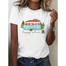 Women's 100% Cotton Graphic T-Shirt By SimplicityAndVersatileDesign - "Happy Place" Camping Design, Casual Short Sleeve Crew Neck T-Shirt, Perfect For Outdoor Activities And Christmas Gifts. - 白色 - 查看 7