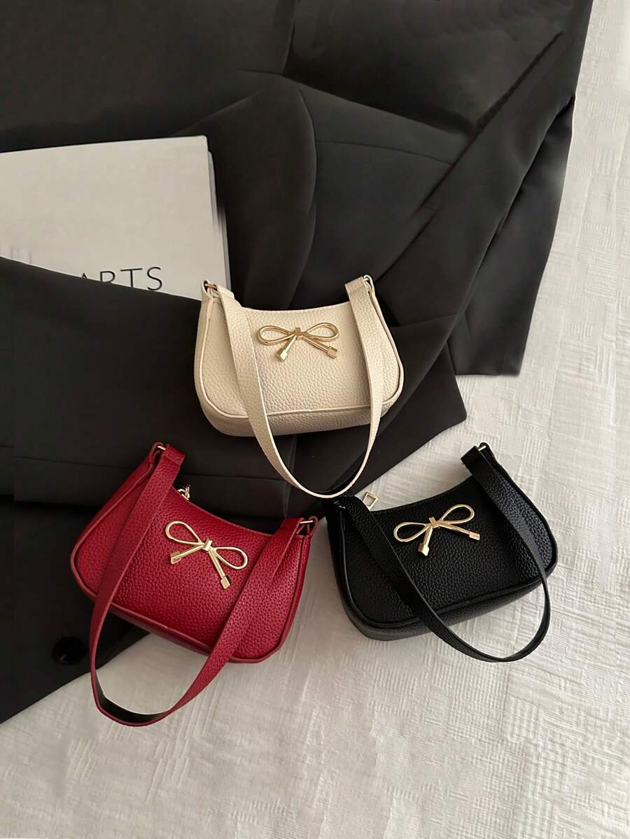1pc Solid Color PU Leather Bow Shoulder Bag, Mini Handbag, Lightweight Zipper Underarm Bag - Suitable For Girls, Teens, Students, Great For Daily, Outing, Shopping - Multicolor - View 1