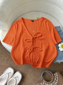 Blusa casual de manga corta con nudo delantero de unicolor para mujer de talla grande - Naranja - Ver 1