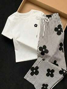 2 piezas Conjunto de top de manga corta con estampado floral bordado falso y rayas y pantalones a rayas, atuendo casual adecuado para el uso diario, citas, fiestas, otoño/invierno/verano, Navidad, Año Nuevo, Acción de Gracias, fiestas, bodas, - Multicolor - Ver 6